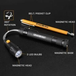 EverBrite Jeu D’Outil De Ramassage Magnetique Avec Lampe Et Ramssage Aimanté Télescopable, Portée Télescopique 17 à 57cm Et 14 à 65cm, Idéal Pour Les Coins, 4 Piles Incluses -Pro Outils Soldes Magasin 57218685 3