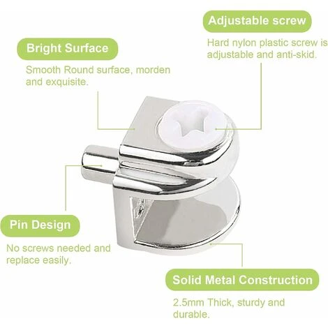Lot De 20 Supports D'étagère En Verre Réglables Sans Cadre - En Alliage De Zinc - Pinces De Serrage Demi-rondes Pour Verre - Supports D'étagère En Verre - Chrome Poli, 4 Lot De 20 Supports D'étagère En Verre Réglables Sans Cadre - En Alliage De Zinc - Pinces De Serrage Demi-rondes Pour Verre - Supports D'étagère En Verre - Chrome Poli, - Image 2