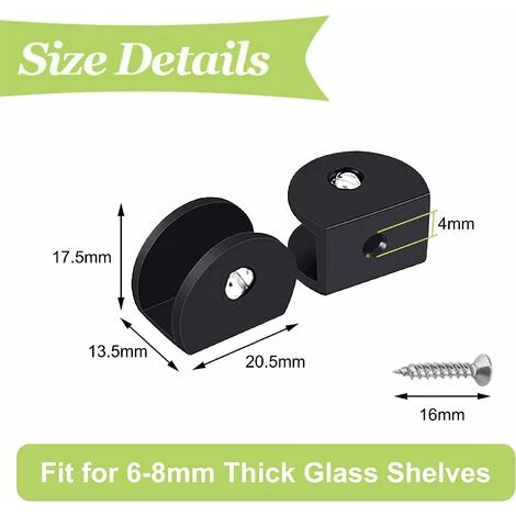 Pince à Verre, 4 Pièces De Support D’Étagère En Verre Support Tablette Verre Noir, Fixation Tablette Verre Réglable, Demi-Rondes, En Alliage D'Aluminium, Pour Verre De 6 à 8 Mm D'Épaisseur, 5 Pince à Verre, 4 Pièces De Support D’Étagère En Verre Support Tablette Verre Noir, Fixation Tablette Verre Réglable, Demi-Rondes, En Alliage D'Aluminium, Pour Verre De 6 à 8 Mm D'Épaisseur, - Image 3