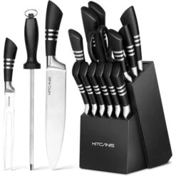 Set 17Pcs Couteau De Cuisine Professionnels En Acier Inoxydable Avec Bloc Ă Couteaux En Bois Massif